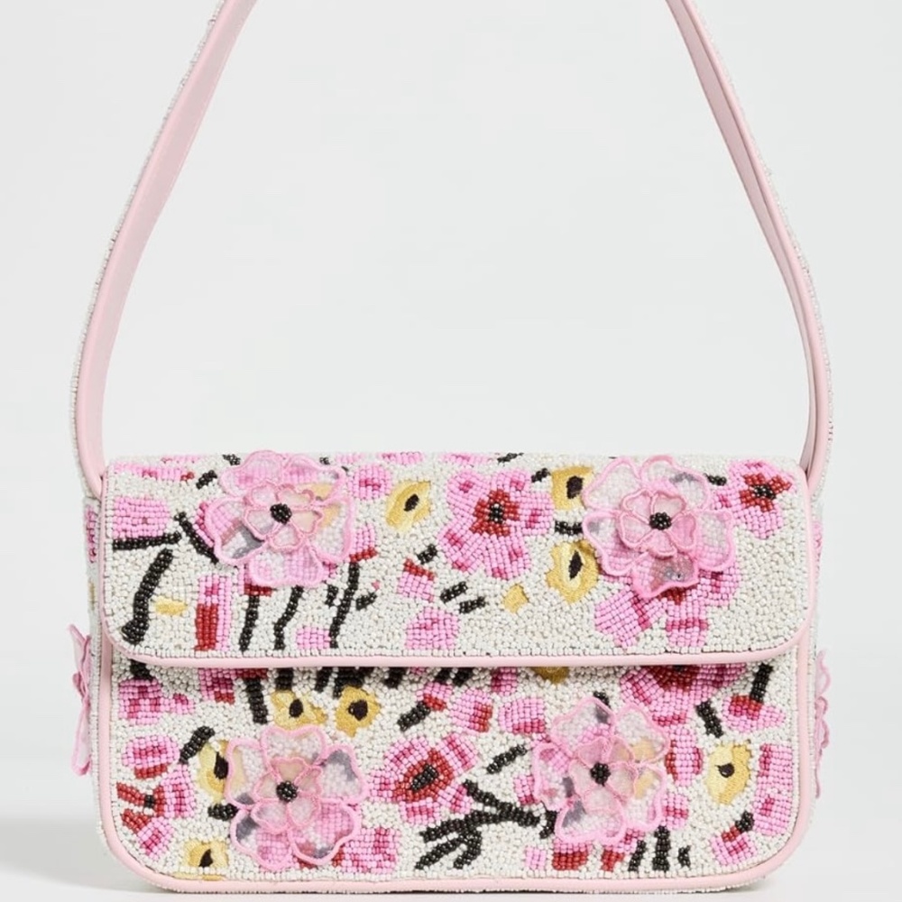 STAUD Pink Floral Beaded Shoulder Bag